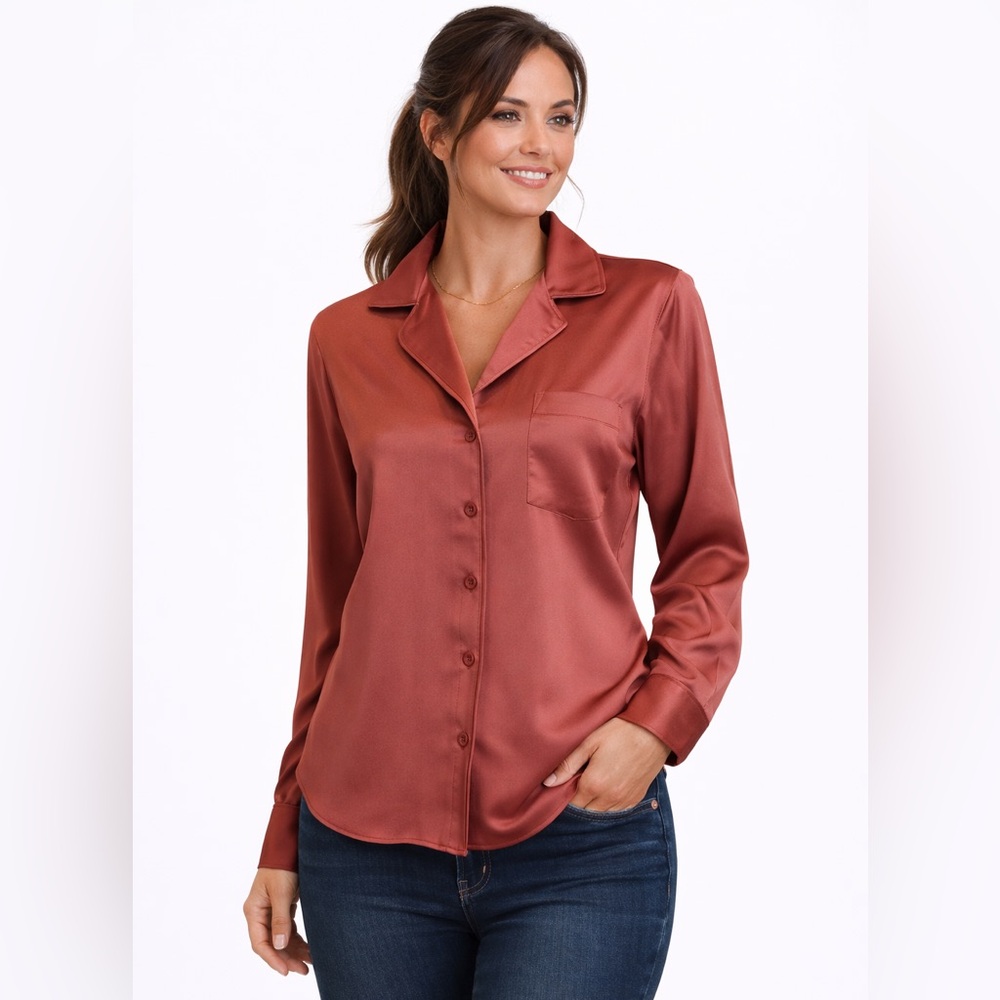 Abercrombie & Fitch Satin Button-Down Shirt in Rust